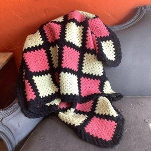 Crochet Pink black Cream Granny Square Blanket